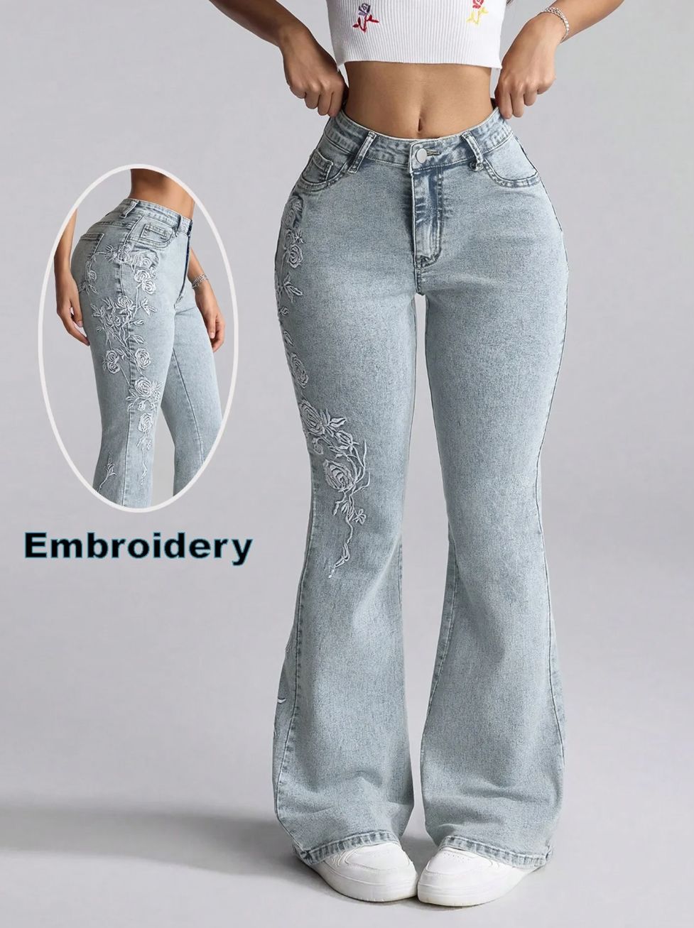 Medium Stretch | Light Wash Embroidered Flare Leg Jeans