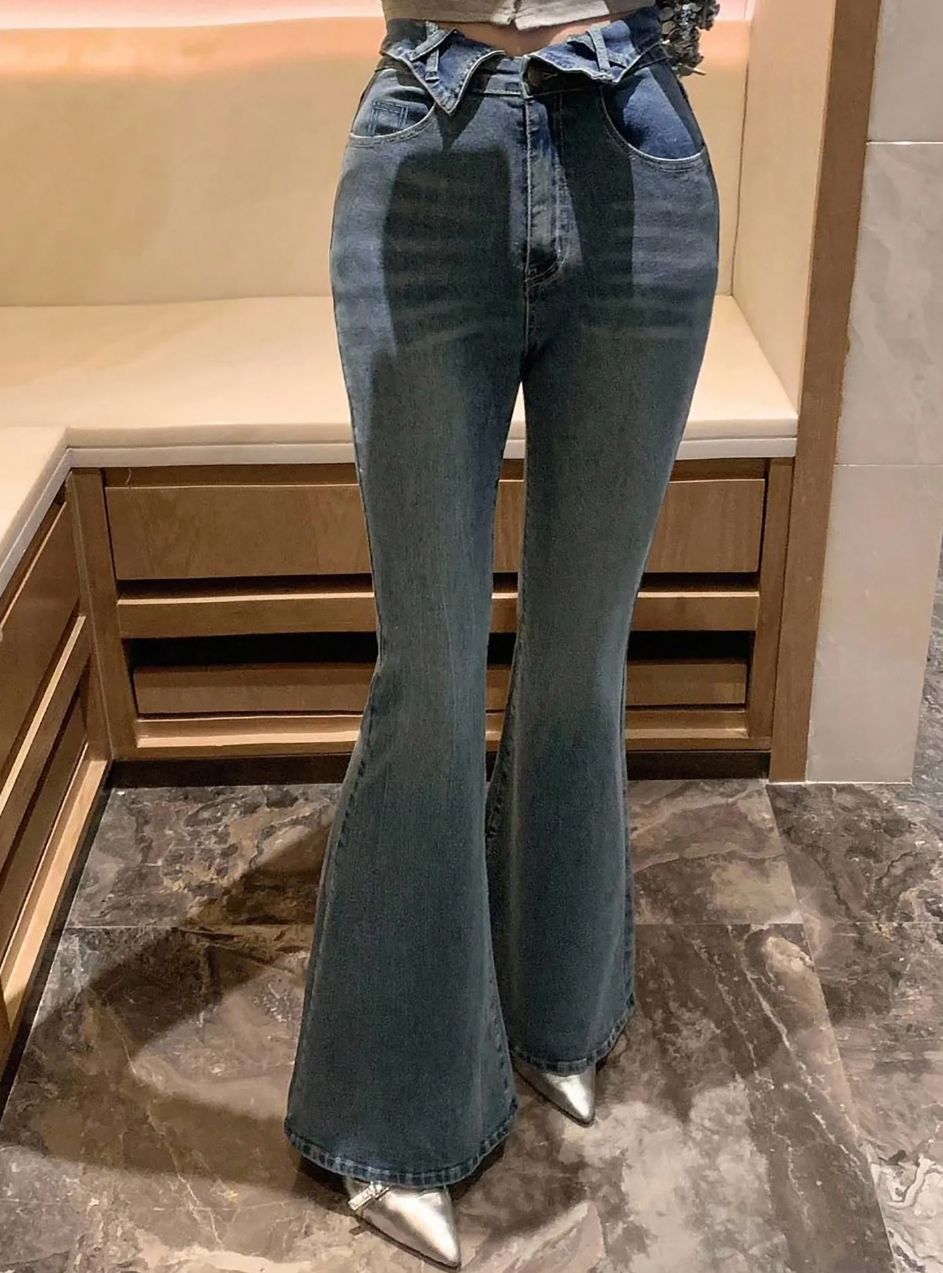 High Stretch | High Waist Vintage Medium Wash Crossed Flare Leg Jeans