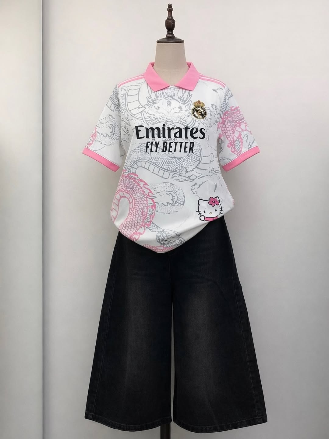 Hello Kitty Graphic Polo Tee with Wide-Leg Denim Culottes
