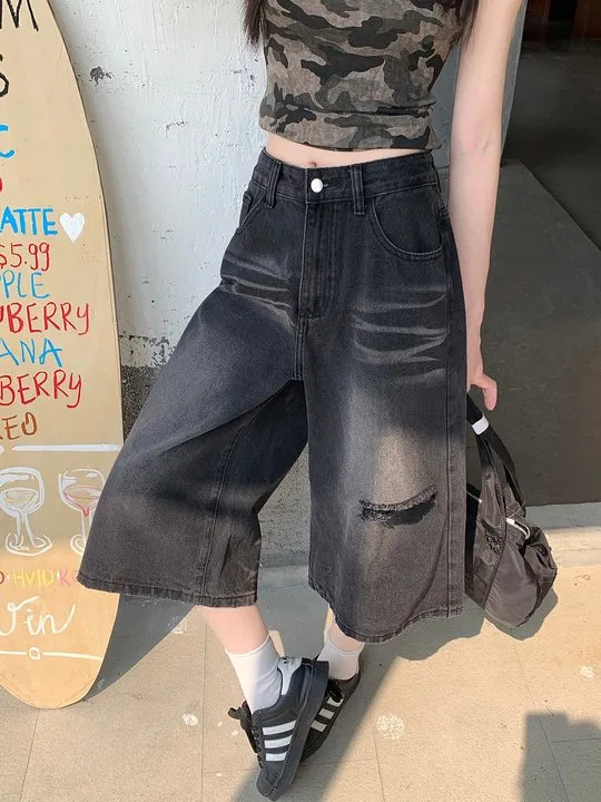 Wide-Leg Ripped Denim Culottes