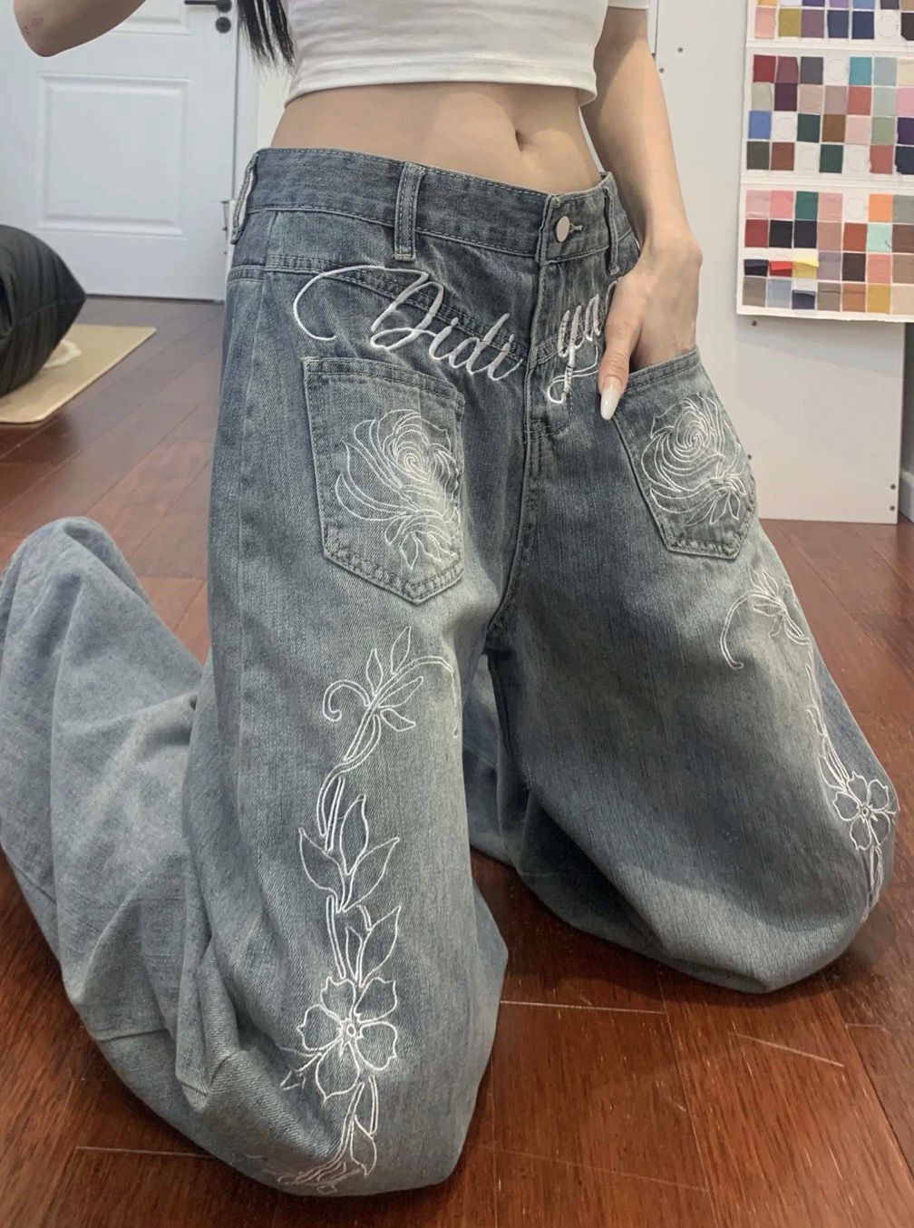 High Waist Vintage Medium Wash Embroidered Straight Leg Jeans